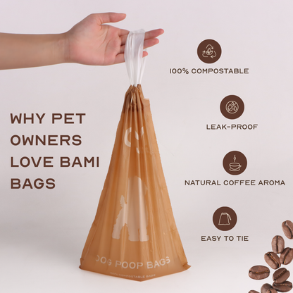 BaMi Pet biodegradable poop bags made from corn starch, PLA and PBAT, 18 micron thickness leak-proof.