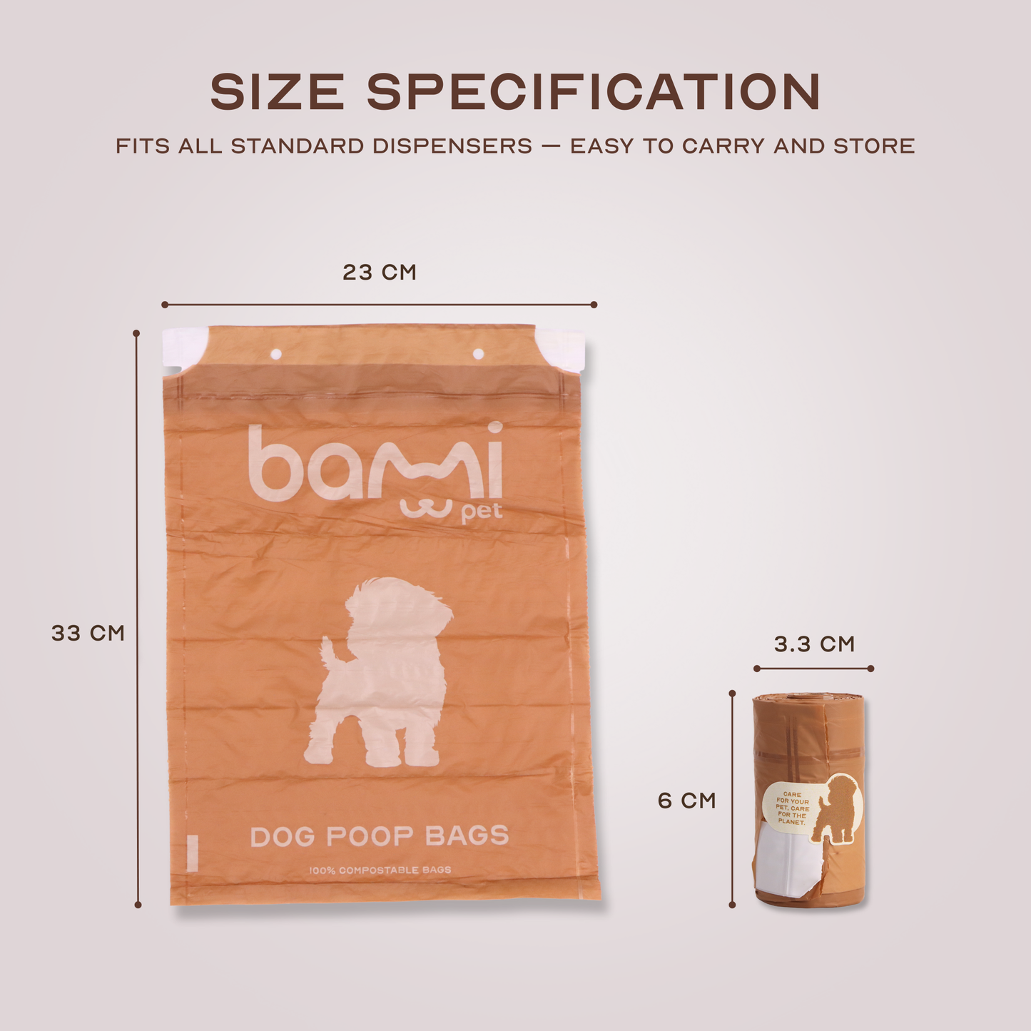 Standard size roll of BaMi Pet compostable bags, fits most universal dog waste bag dispensers